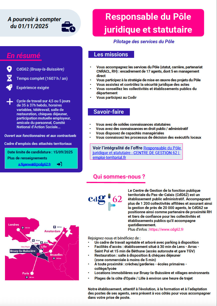 Offre d'emploi - Responsable du pôle juridique et statutaire