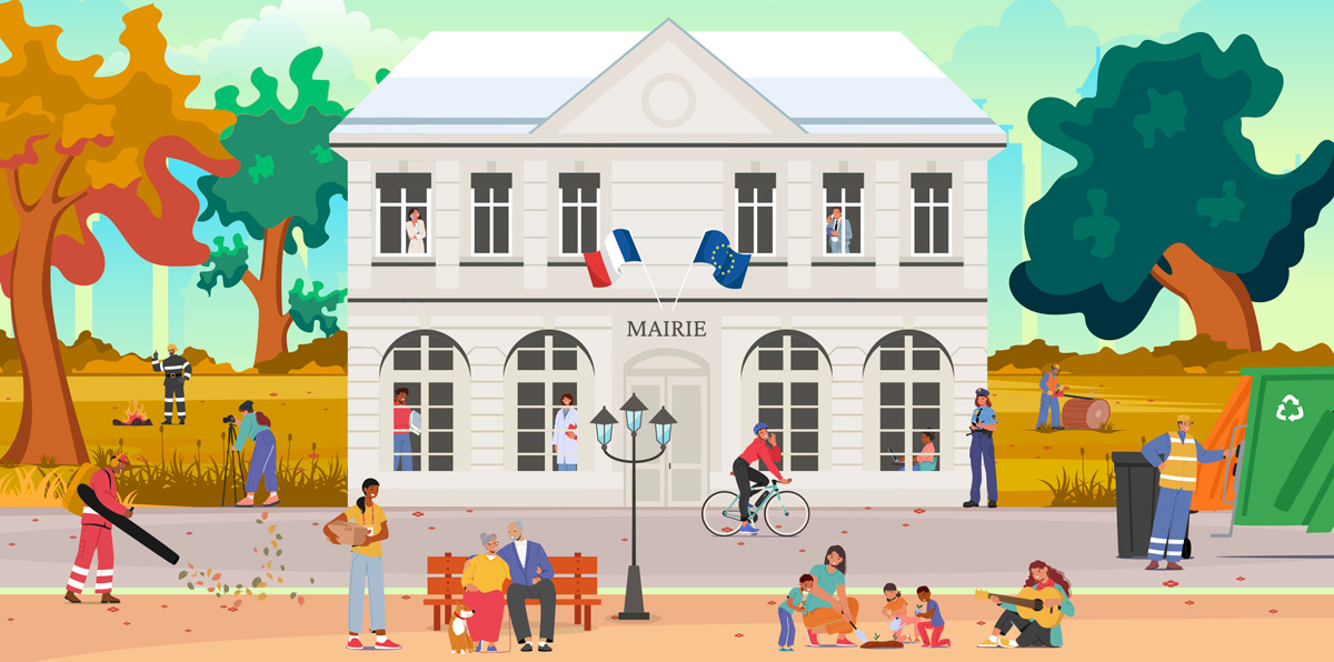 Illustration - Mairie avec des agents municipaux